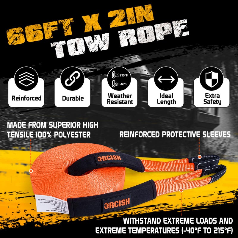 ORCISH Long Recovery Tow Straps, 2" x 66 FT Tow Straps Heavy Duty with Loops, Tow Rope for Truck, Vehicle Recovery Rope with Reinforced Loops and Protective Sleeves, Tree Saver Strap for Winching - Image 4
